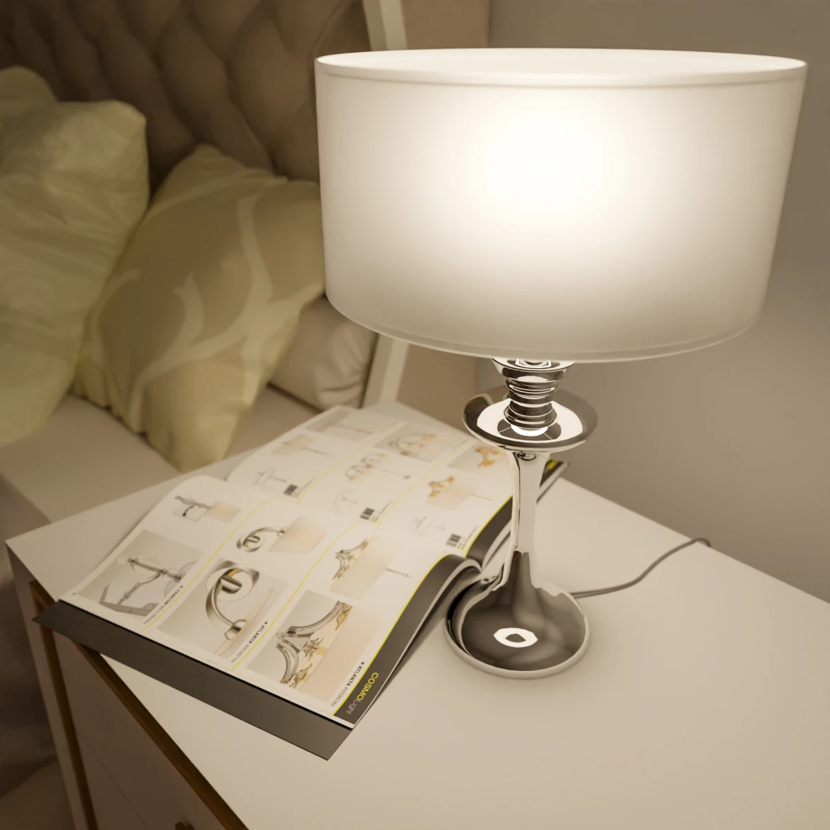 Lampa stołowa ABU DHABI z białym abażurem i chromowaną kolumną na szafce nocnej przy łóżku