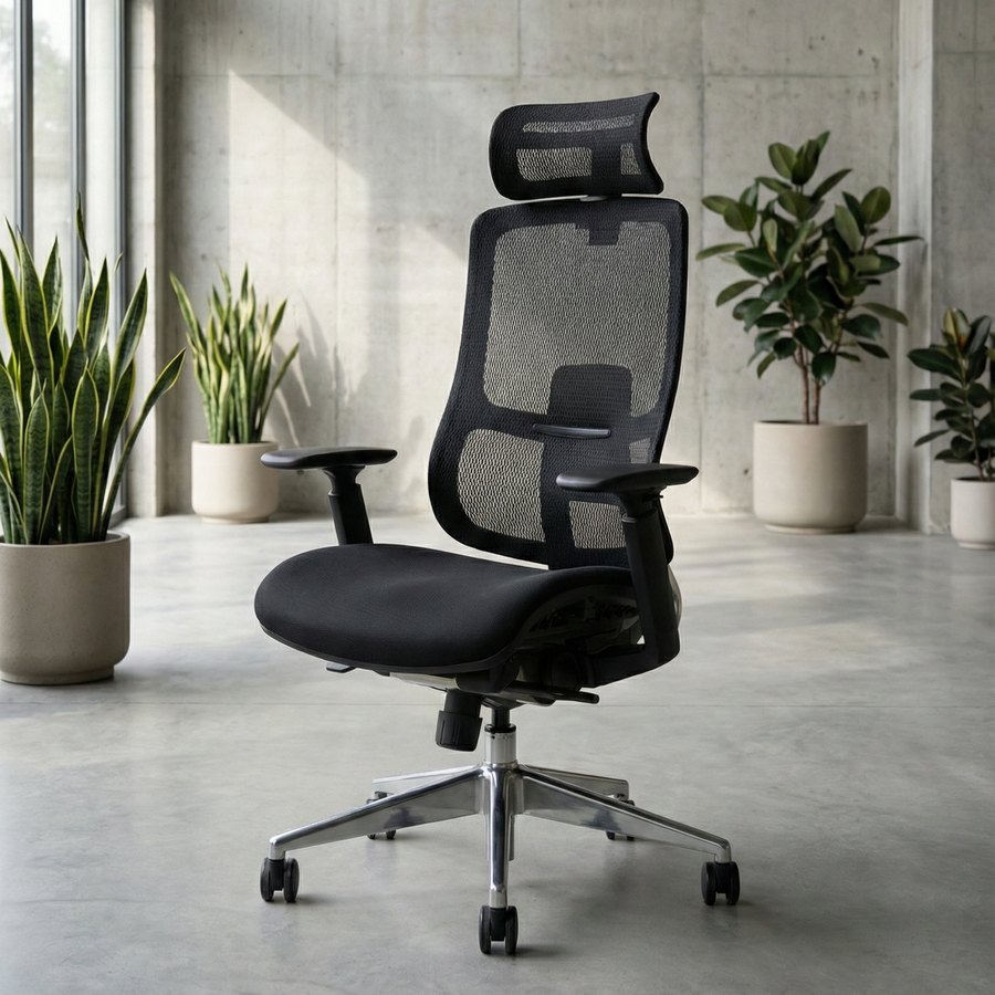 Fotel ergonomiczny ERGO NOVARO SFBK-BMGY we wnętrzu z betonową ścianą i roślinami