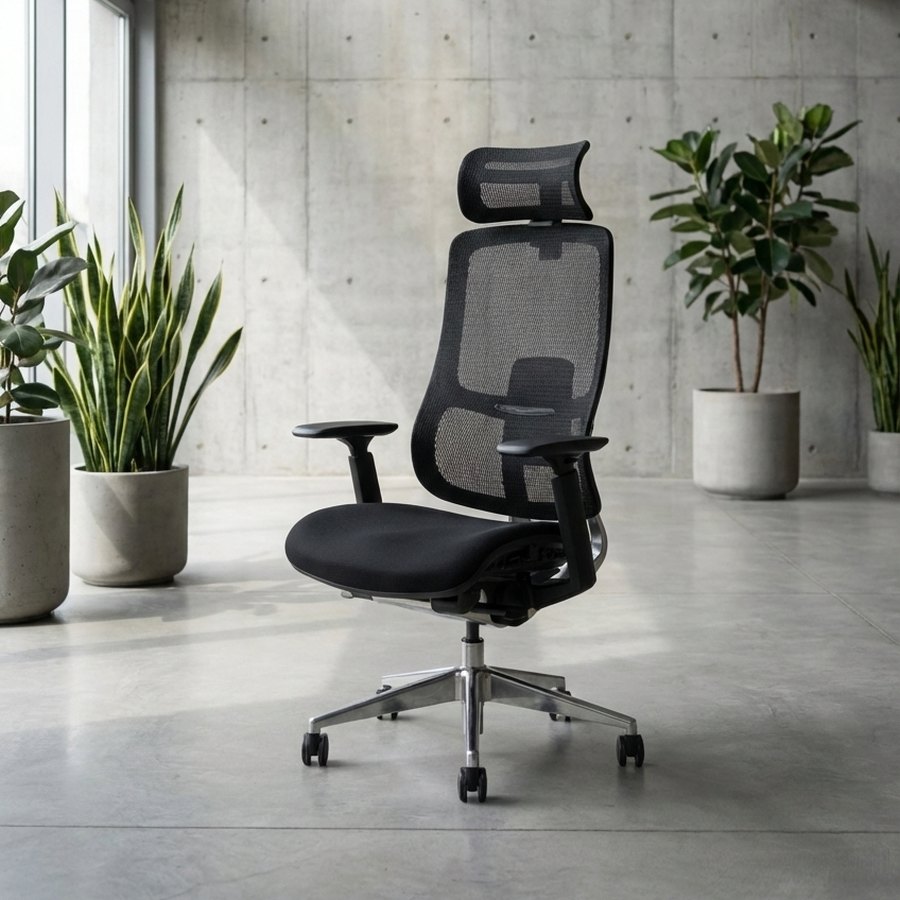 Fotel ergonomiczny ERGO CARISMO SFBK-BMBK we wnętrzu z betonową ścianą i roślinami