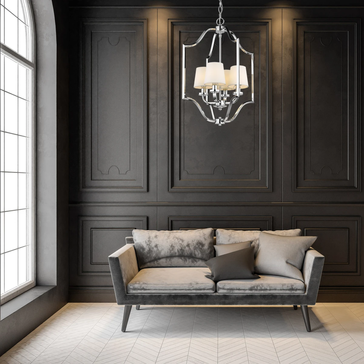 Lampa wisząca NEW YORK z chromowaną ramą o falistym obrysie i białymi abażurami we wnętrzu