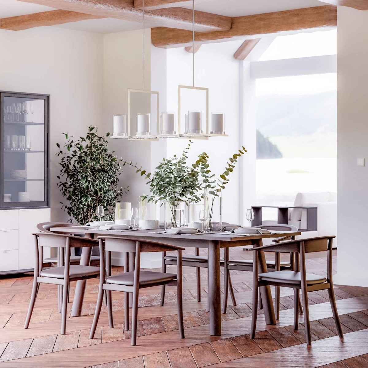 Podłużna lampa wisząca MIAMI ze szklanymi kloszami na chromowanej ramie nad wyspą lub stołem