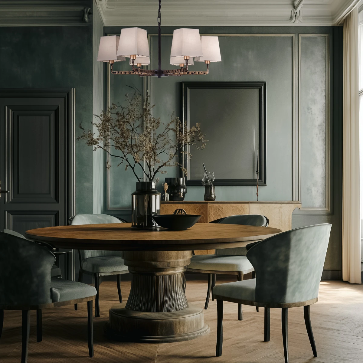 Lampa wisząca STOCKHOLM z sześcioma białymi abażurami na ramionach w odcieniu mosiądzu z czarnymi cętkami we wnętrzu