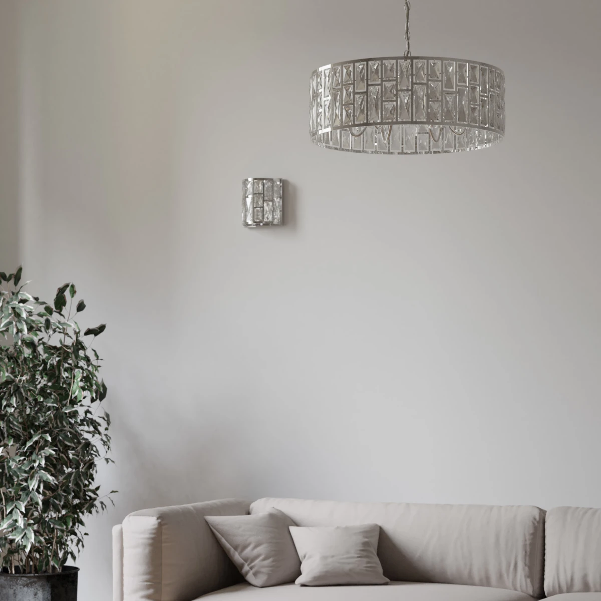 Lampa wisząca KYIV II z kryształowym szkłem w kolorze chromu nad stołem we wnętrzu