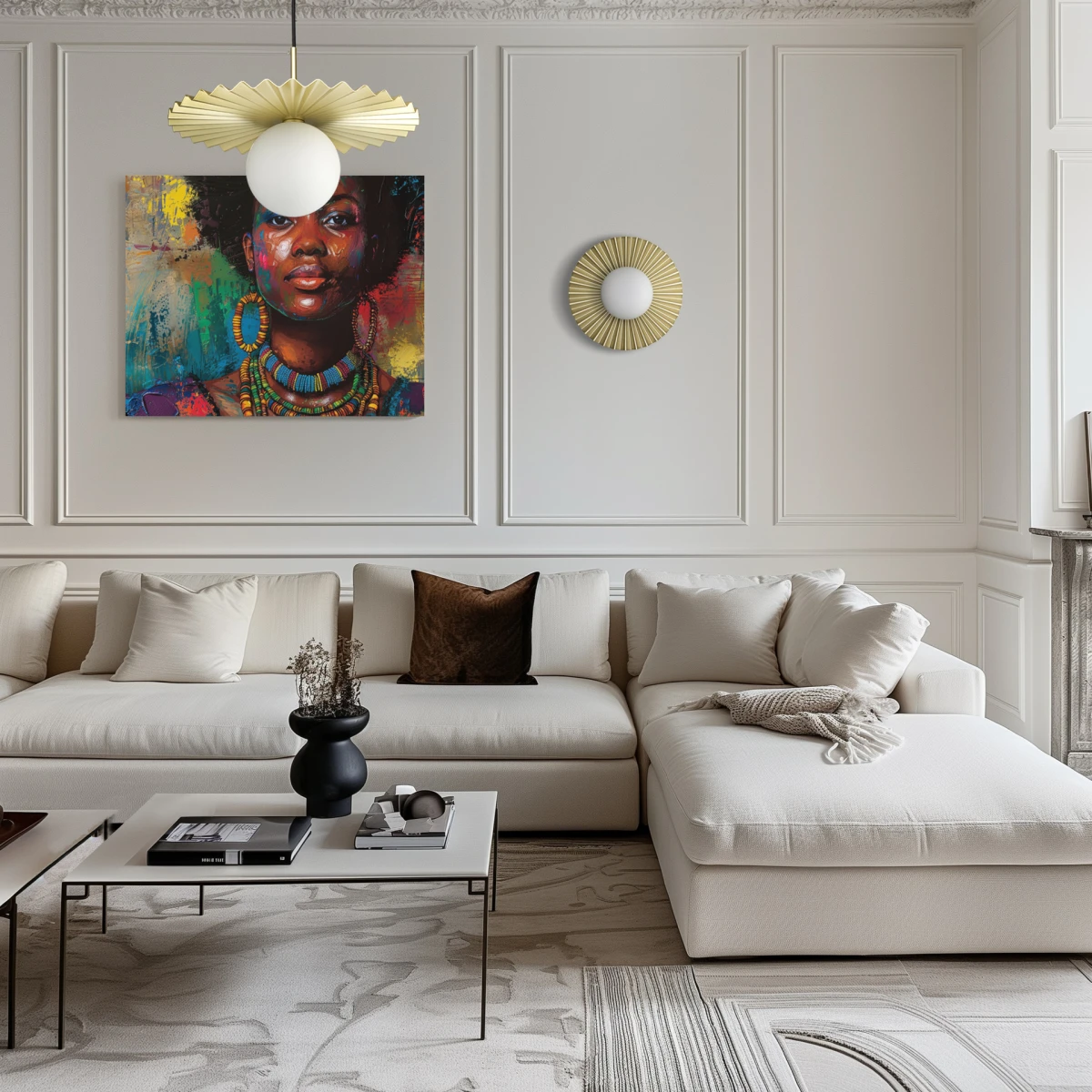 Lampa wisząca MARBELLA z plisowanym złotym dyskiem i mleczną szklaną kulą we wnętrzu